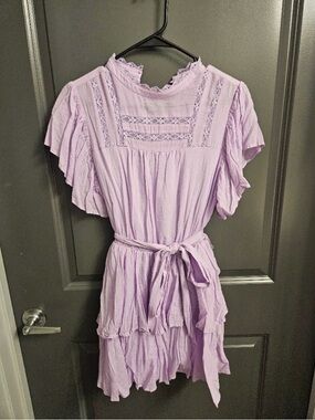 Aura Lavender Ruffled Lace Belted Dress